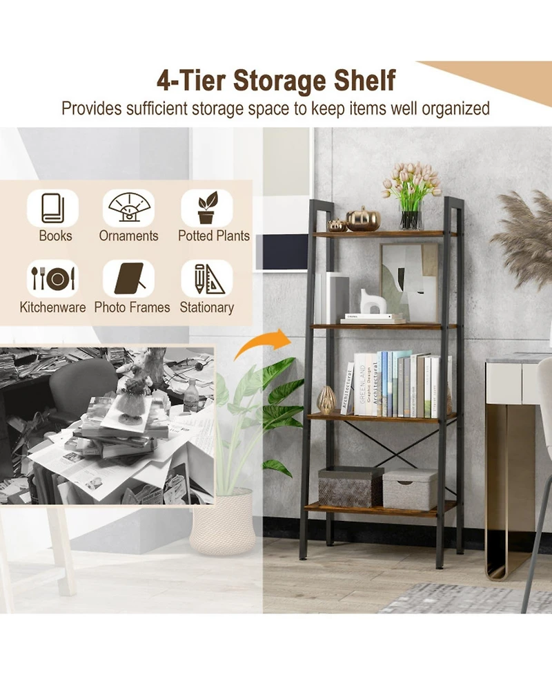 Gouun 4-Tier Industrial Bookshelf Metal Frame Storage Shelf Adjustable Feet