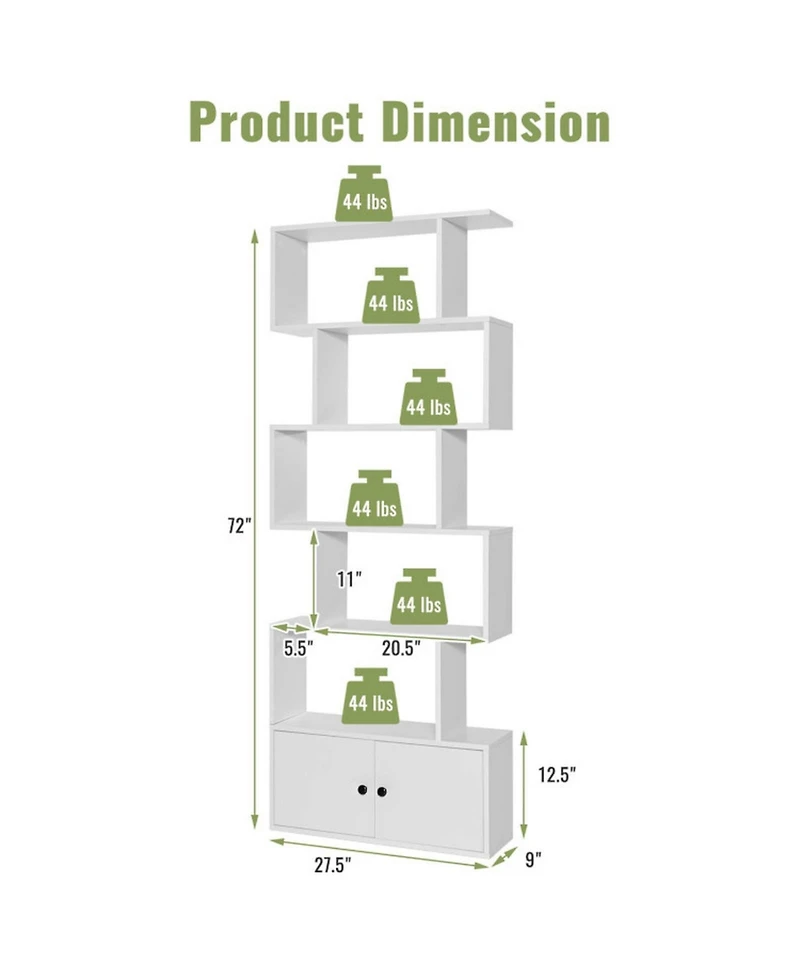 Gouun 6-Tier S-Shaped Bookshelf Freestanding Cabinet Doors Display