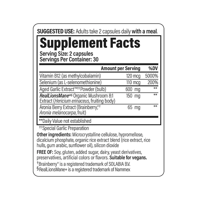 Kyolic Smart Mushrooms Supplement Lion's Mane and Aged Garlic Extract for Brain Health and Mental Performance 60 Capsules