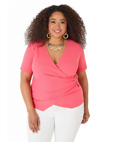 Ashley Stewart Plus Embellished Faux Wrap Women's Top