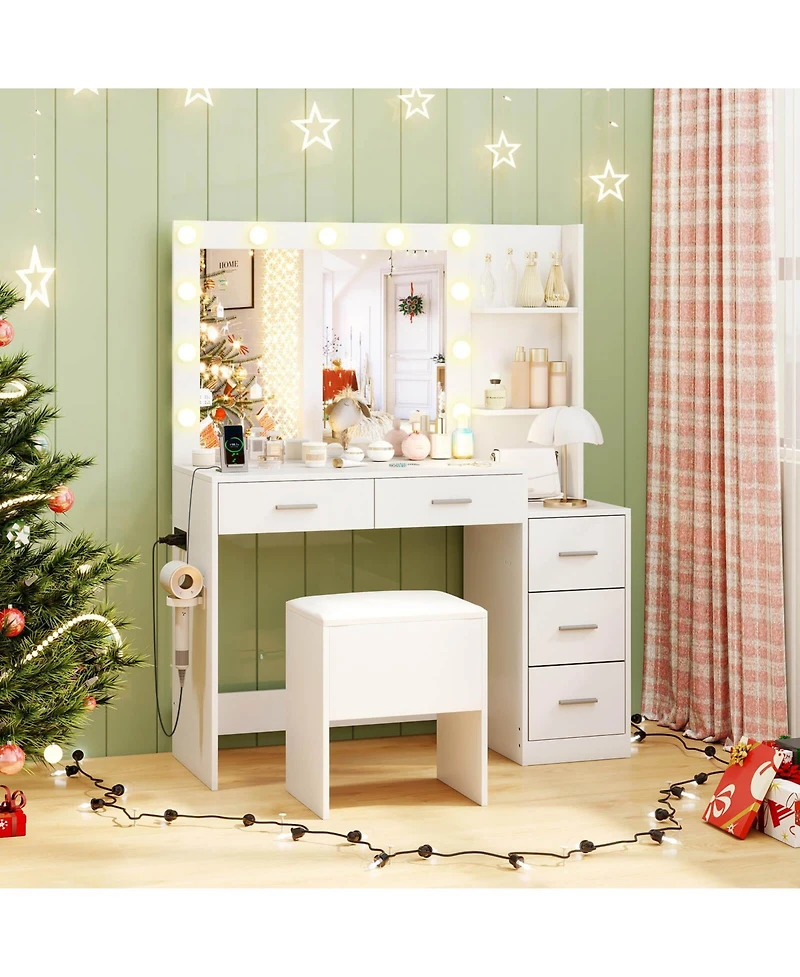 Costway Makeup Table Set Vanity Desk with Storage Stool Power Outlets 2 Open Shelves