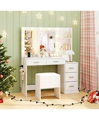Costway Makeup Table Set Vanity Desk with Storage Stool Power Outlets 2 Open Shelves