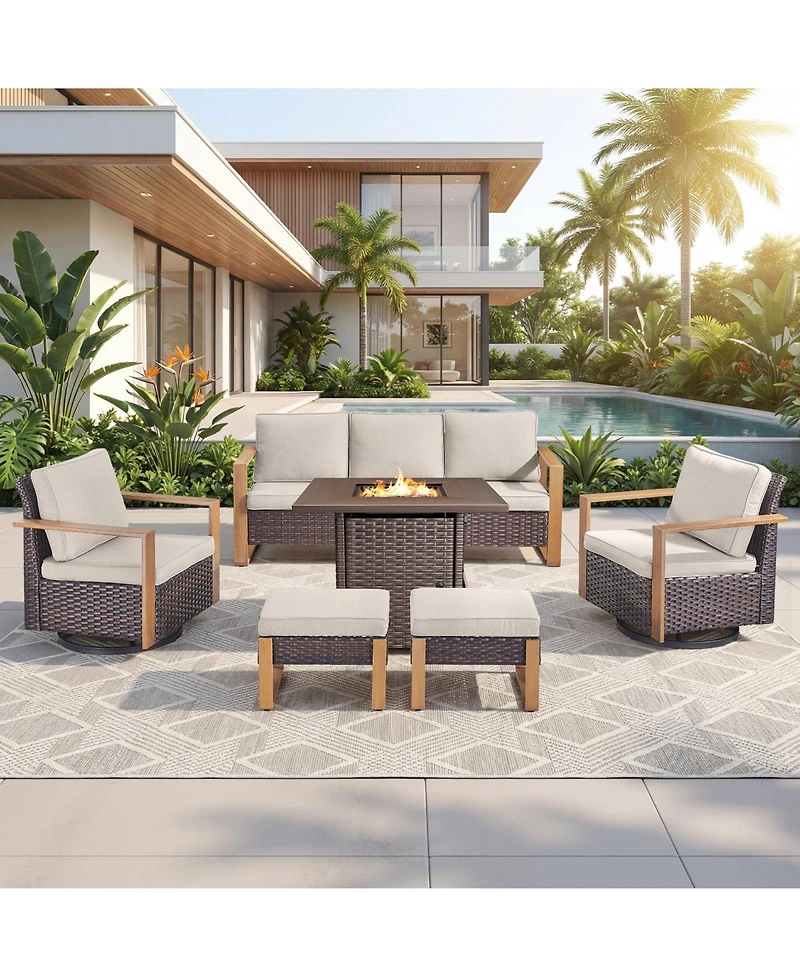 Pocassy 6-Piece Wicker Patio Furniture Set, Swivel Chairs, Outdoor Deep Seating Conversation Sets with Fire Pit Table and Ottomans