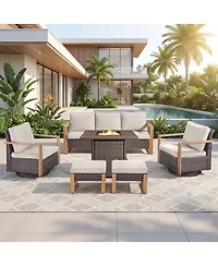Pocassy 6-Piece Wicker Patio Furniture Set, Swivel Chairs, Outdoor Deep Seating Conversation Sets with Fire Pit Table and Ottomans