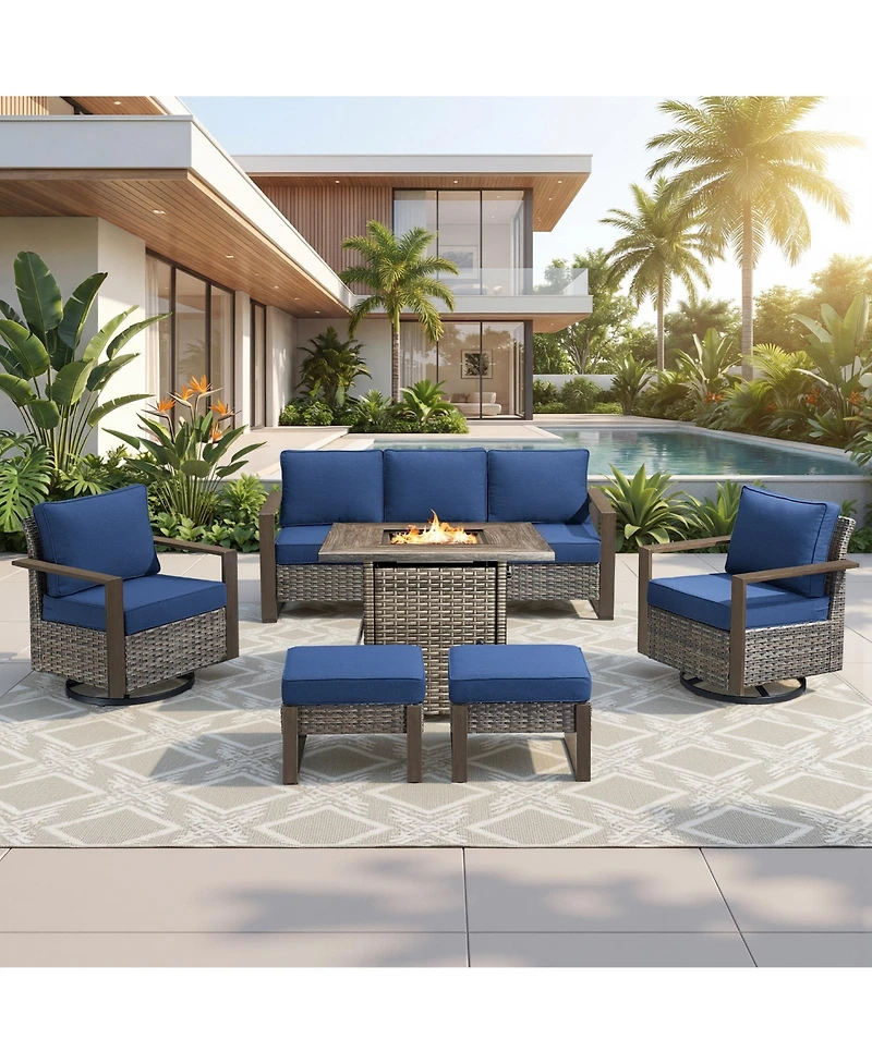 Pocassy 6-Piece Wicker Patio Furniture Set, Swivel Chairs, Outdoor Deep Seating Conversation Sets with Fire Pit Table and Ottomans