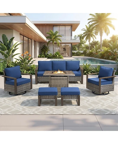 Pocassy 6-Piece Wicker Patio Furniture Set, Swivel Chairs, Outdoor Deep Seating Conversation Sets with Fire Pit Table and Ottomans