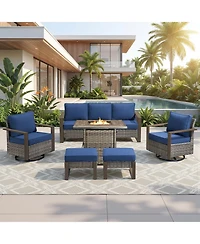 Pocassy 6-Piece Wicker Patio Furniture Set, Swivel Chairs, Outdoor Deep Seating Conversation Sets with Fire Pit Table and Ottomans