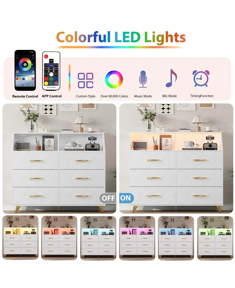 homfan 6-Drawer Dresser with Charging Station and Led Lights,Engineered Wood Storage Chest with Gold Metal Legs,Anti-Tip Multi-Functional Home Cabinet