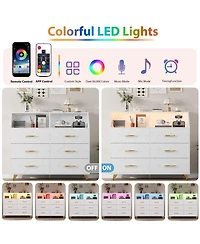 homfan 6-Drawer Dresser with Charging Station and Led Lights,Engineered Wood Storage Chest with Gold Metal Legs,Anti-Tip Multi-Functional Home Cabinet