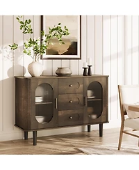 homfan 47.2 Inch Mid-Century Fluted Glass Sideboard with 3 Drawers, Adjustable Shelves and Anti-Wobble Base, Coffee Bar Entryway Credenza
