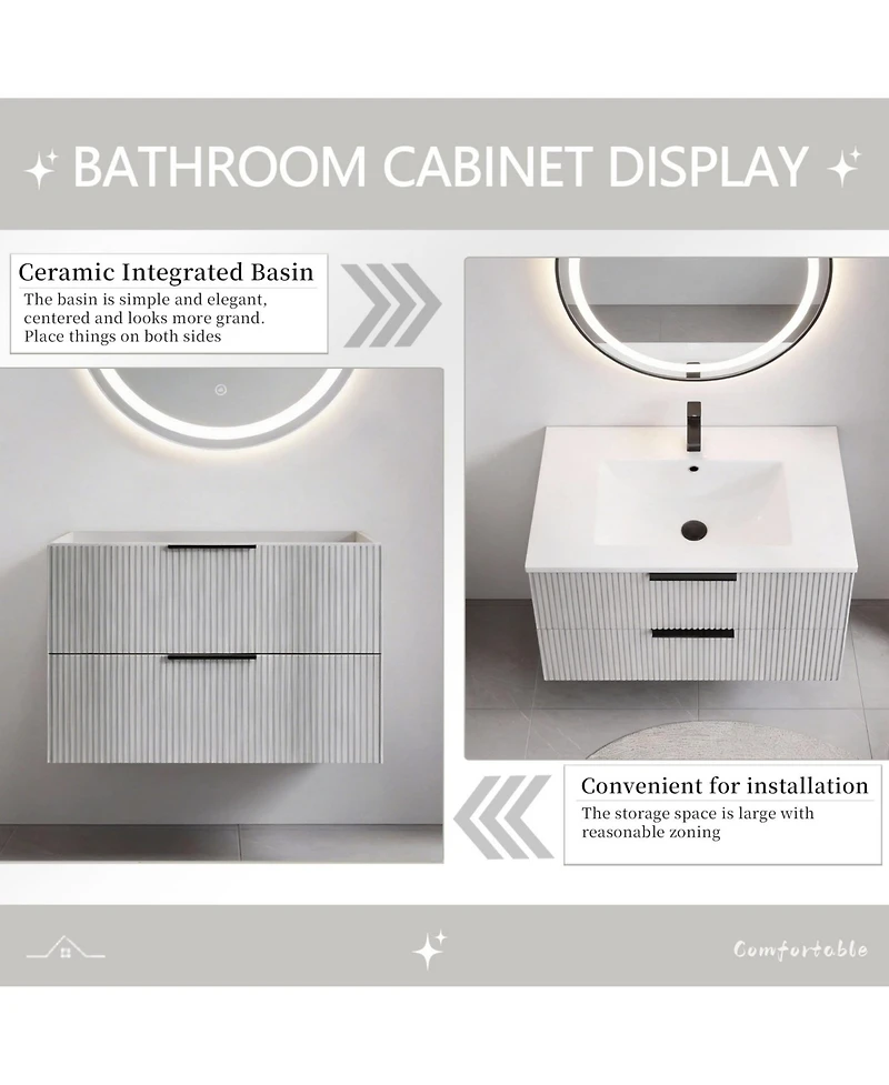 Phying 30 Inch Modern Fluted Bathroom Vanity Wall Mounted Floating Cabinet Sink Stylish Space Saving Bathroom Furniture for Home Apartment