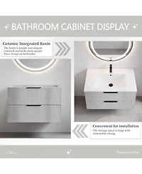 Phying 30 Inch Modern Fluted Bathroom Vanity Wall Mounted Floating Cabinet Sink Stylish Space Saving Bathroom Furniture for Home Apartment