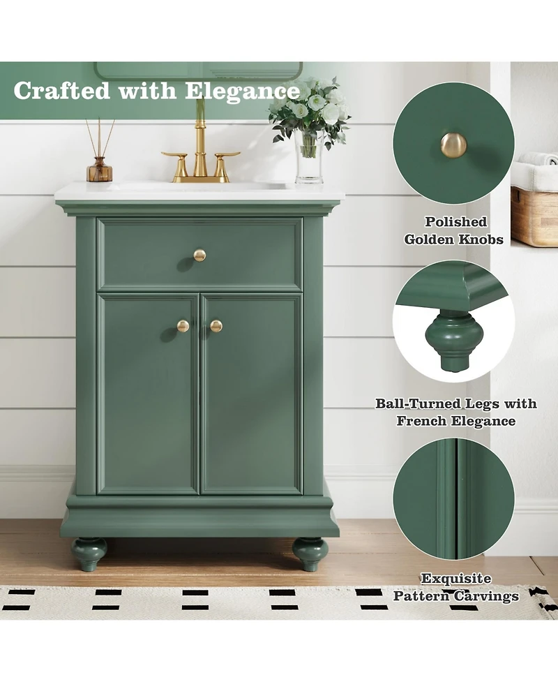Phying 24 Inch Modern French Bathroom Vanity Elegant Freestanding Bathroom Cabinet with Ball Turned Legs Vintage Home Bathroom Furniture