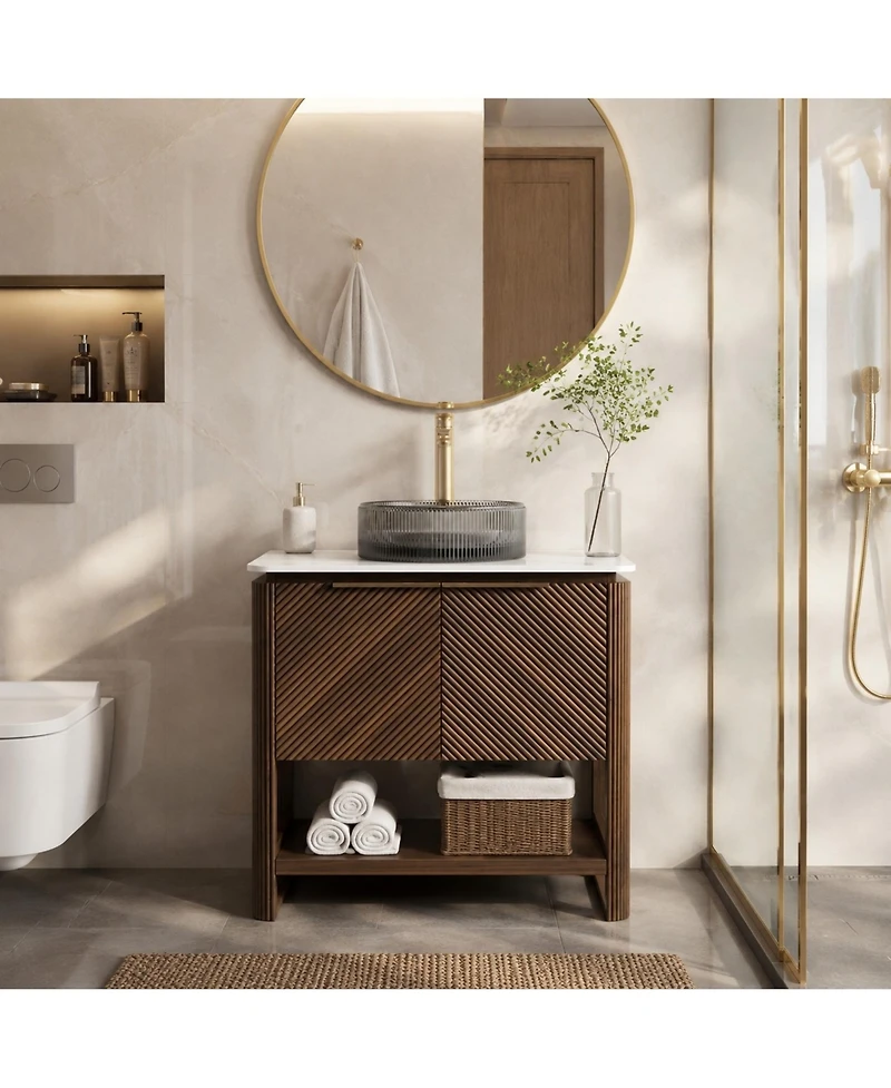Phying 30 Inch Indigo Bathroom Vanity with Sink Freestanding Dark Walnut Woodgrain Plywood Storage Cabinet with Open Shelf for Bathroom Decor