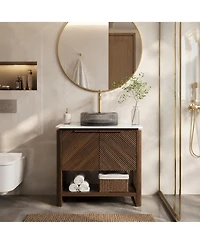 Phying 30 Inch Indigo Bathroom Vanity with Sink Freestanding Dark Walnut Woodgrain Plywood Storage Cabinet with Open Shelf for Bathroom Decor