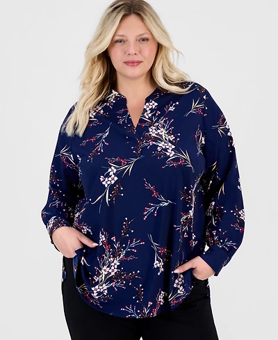 Jones New York Plus Half Placket Popover Floral Long-Sleeve Blouse