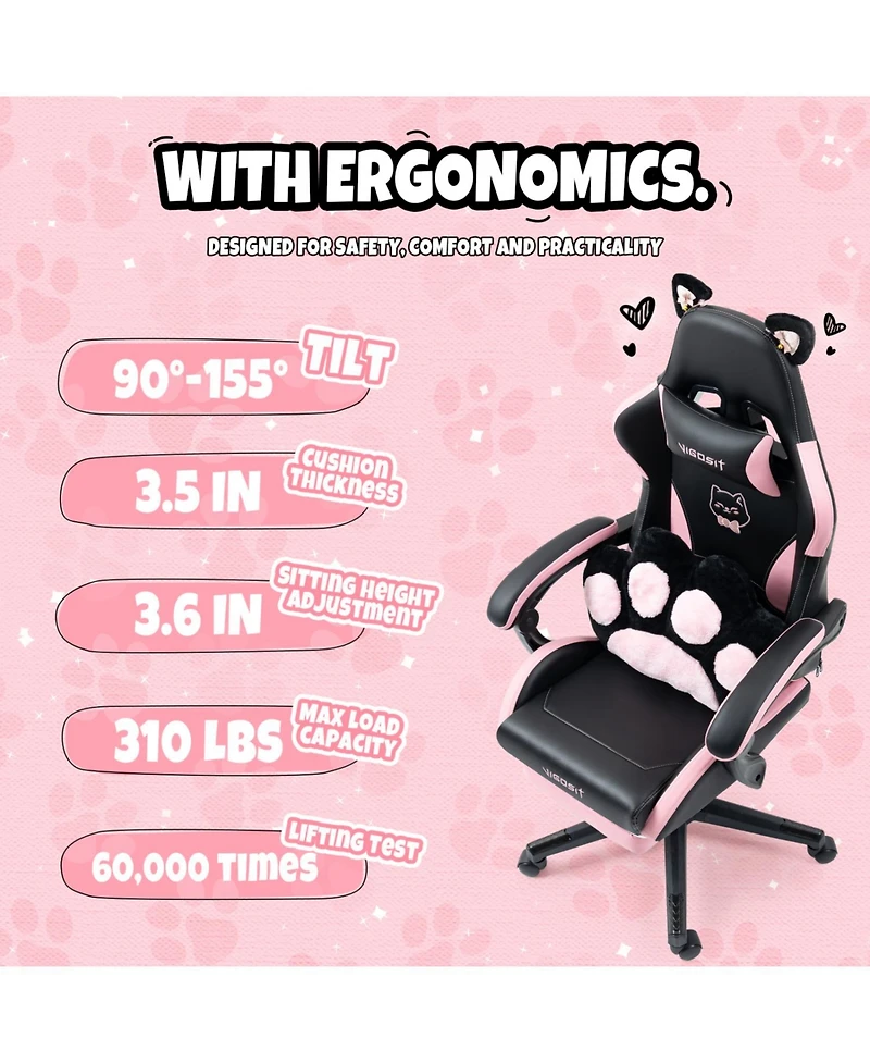 Rainsken Gaming Chair Cute, with Cat Ears Paw Lumbar and Cushion, Leather Fabric, 6-Position Recline, 310lbs Computer