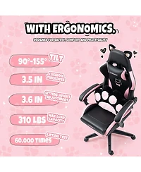 Rainsken Gaming Chair Cute, with Cat Ears Paw Lumbar and Cushion, Leather Fabric, 6-Position Recline, 310lbs Computer