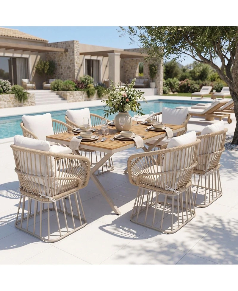 Asagikoiai 7-Piece Outdoor Dining Set with Solid Teak Wood Table and Rope Chairs