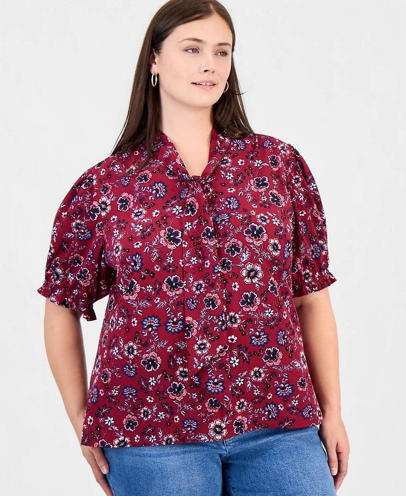 Jones New York Plus Tie Neck Printed Puff Short-Sleeve Top