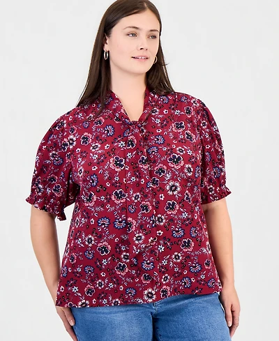 Jones New York Plus Tie Neck Printed Puff Short-Sleeve Top
