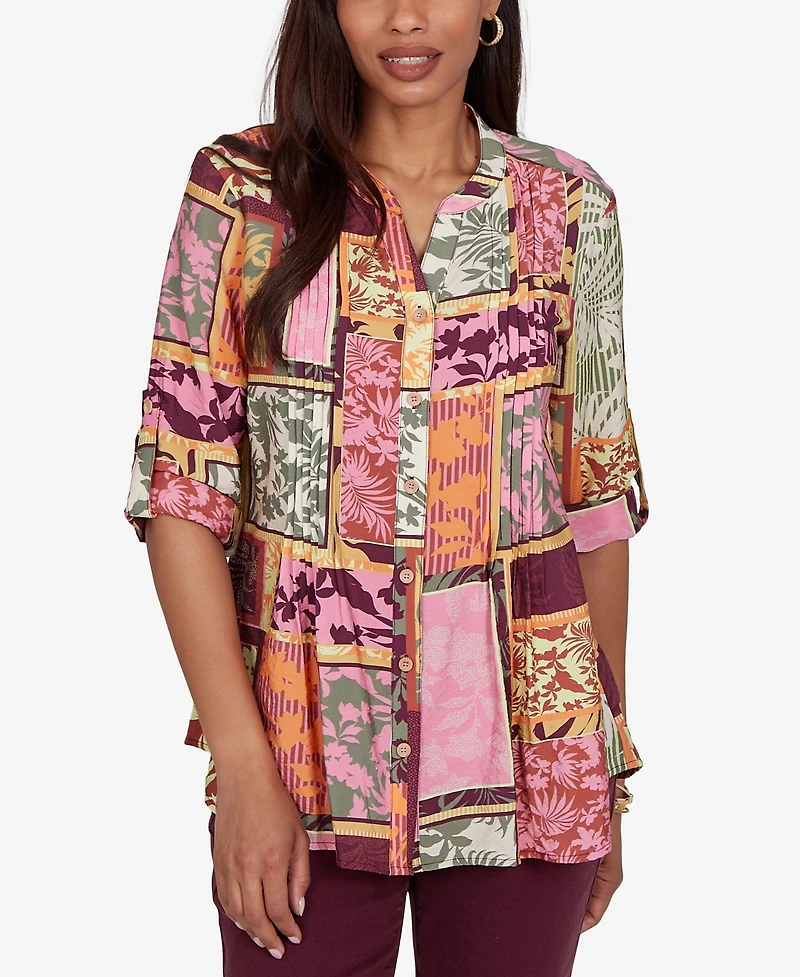 Ruby Rd. Petite Tropical Patchwork Voile Button Front Top
