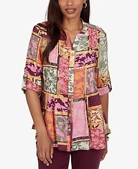 Ruby Rd. Petite Tropical Patchwork Voile Button Front Top