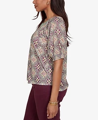 Ruby Rd. Petite Desert Geo Print Lace Trim Knit Top