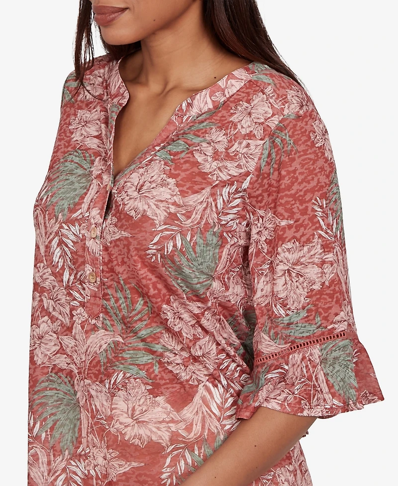 Ruby Rd. Petite Tropical Floral Burnout Split Neck Top