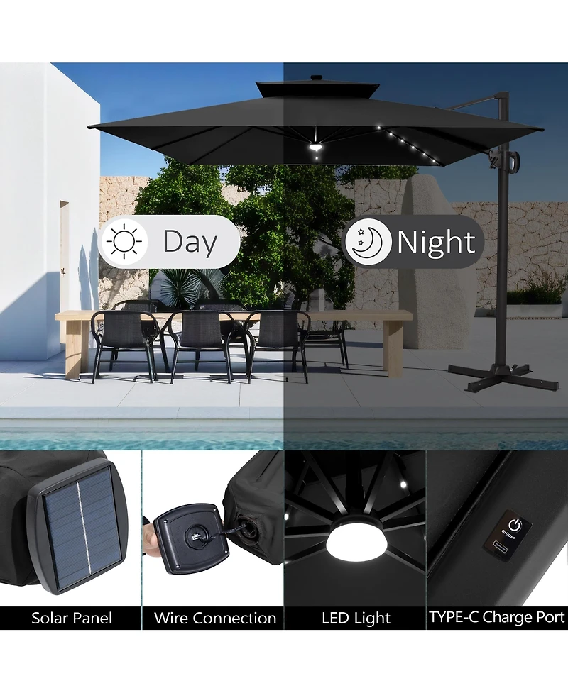 Pellebant Outdoor Patio 11x11Feet Aluminum Double Canopy Solar Lights Cantilever Umbrella with Base
