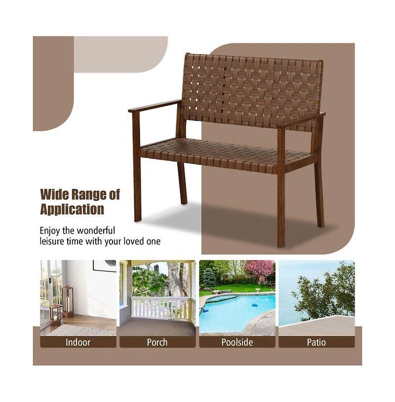 Boyel Living Outdoor All Weather Bench with Solid Rubber Wood Frame and Hand Woven Pu Leather