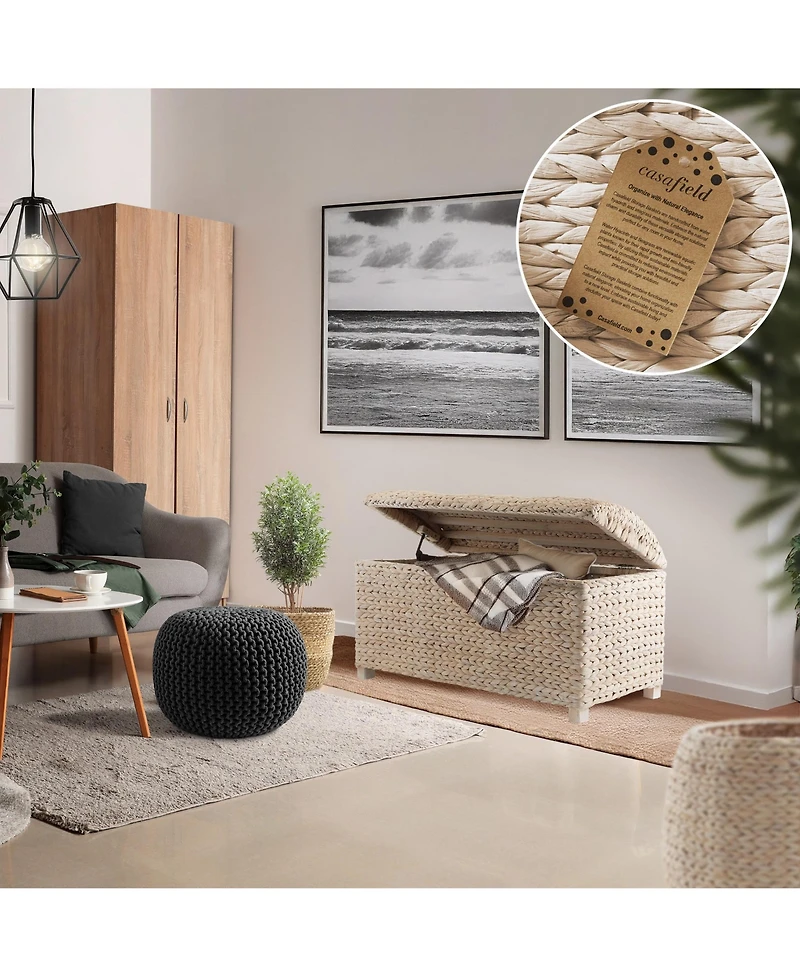Casafield Storage Trunk with Curved Lid, Safety Hinge - Whitewash, Water Hyacinth Wicker Storage Chest Basket for Bedroom, Entry Way, Living Room