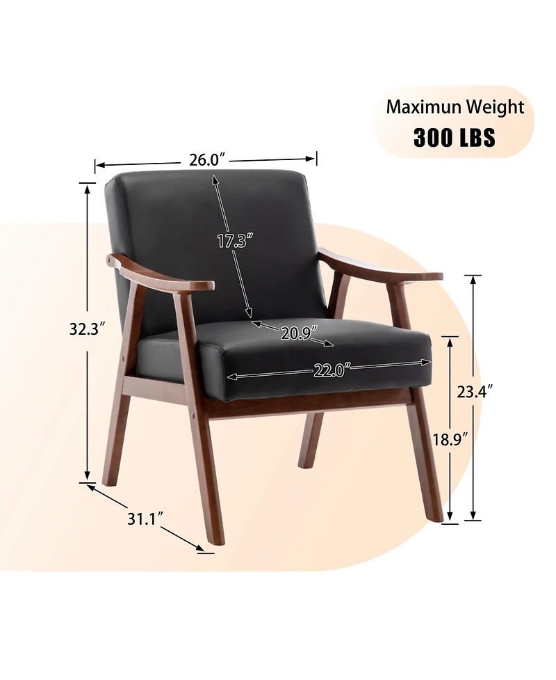 Clihome Mid-Century Accent Chair, Solid Wood Lounge Chair with Extra-Thick Backrest, Wingback Chairs