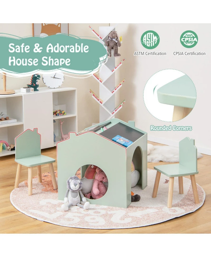 Gouun 3-Piece Kids Table and Chair Set Chalkboard Top House Design