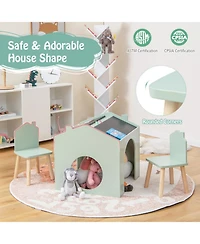 Gouun 3-Piece Kids Table and Chair Set Chalkboard Top House Design