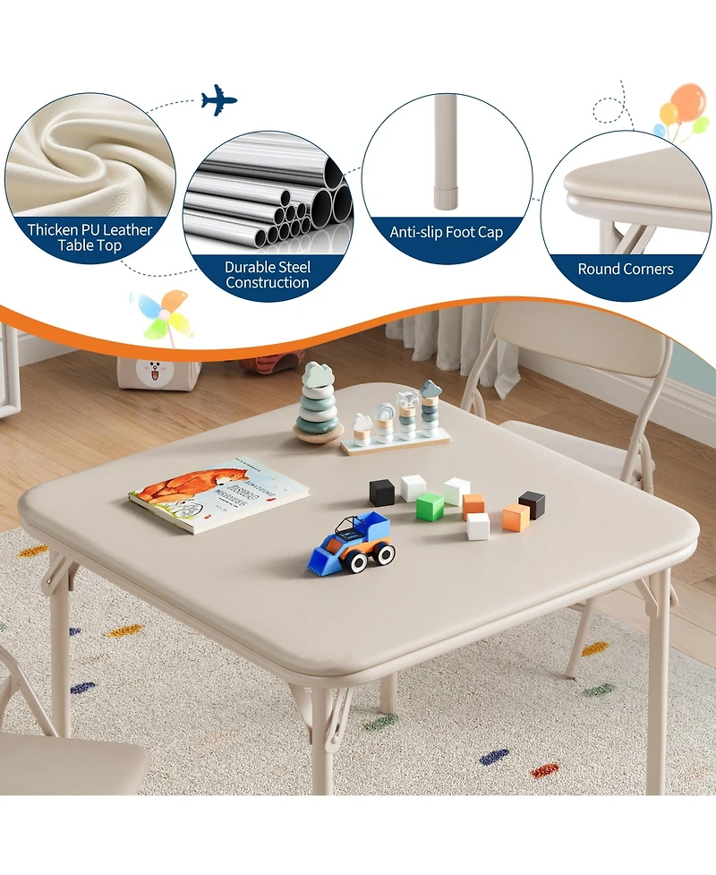 homfan 3-Piece Kids Folding Table and Chairs Set – Pu Cushioned Square Table, Durable Metal Frame, Portable, Space-Saving, Ideal for Dining, Crafts
