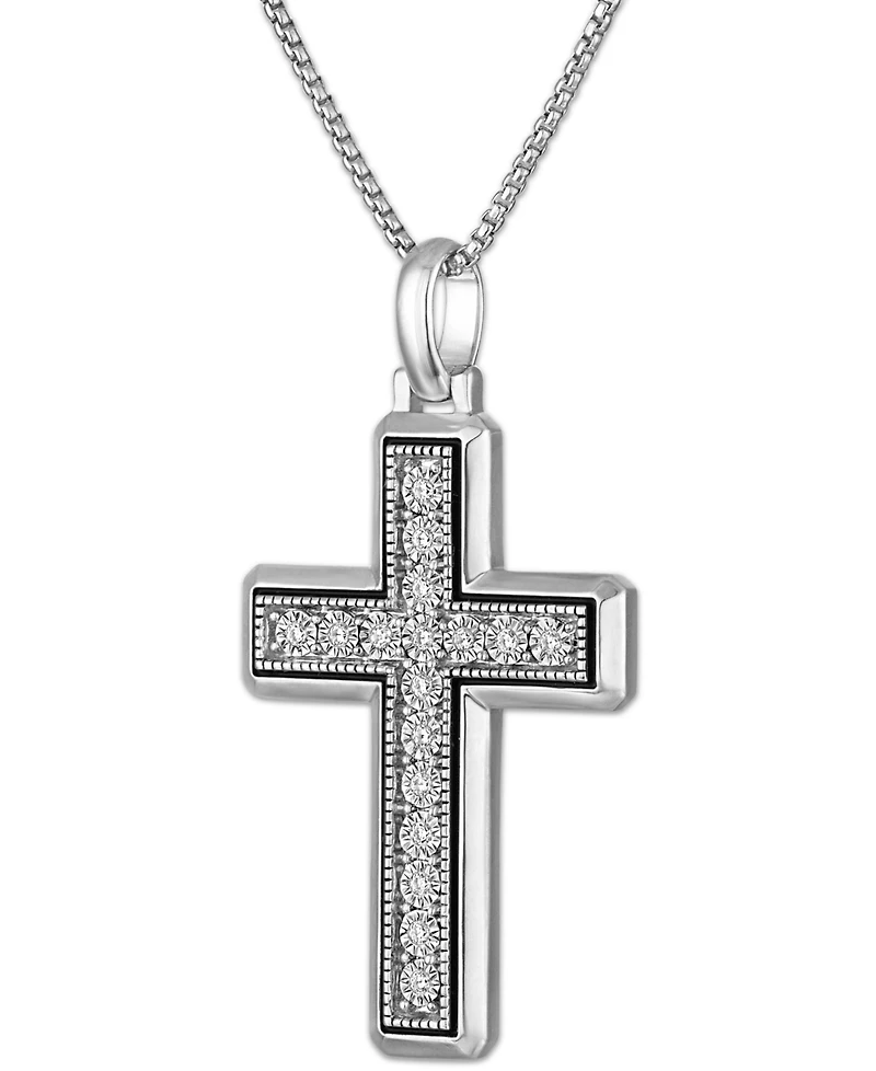 Macy's Men's Diamond (1/8 ct. t.w.) Cross Pendant Necklace in Sterling Silver