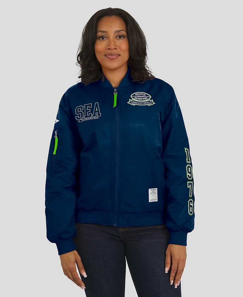 Wear by Erin Andrews Women's College Navy Seattle Seahawks Patch Full-Zip Bomber Jacket