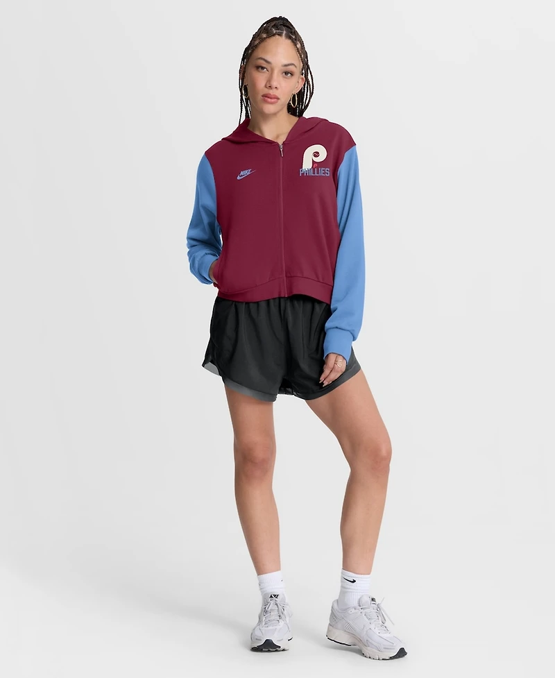 Nike Women's Burgundy/Light Blue Philadelphia Phillies Cooperstown Collection Cropped Full-Zip Hoodie