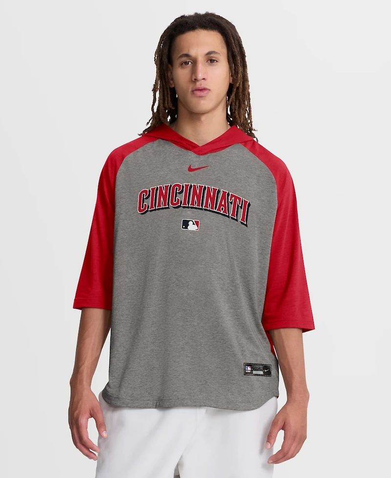 Nike Men's Red Cincinnati Reds Authentic Collection Flux Dri-fit Raglan 3/4-Sleeve Hooded T-Shirt