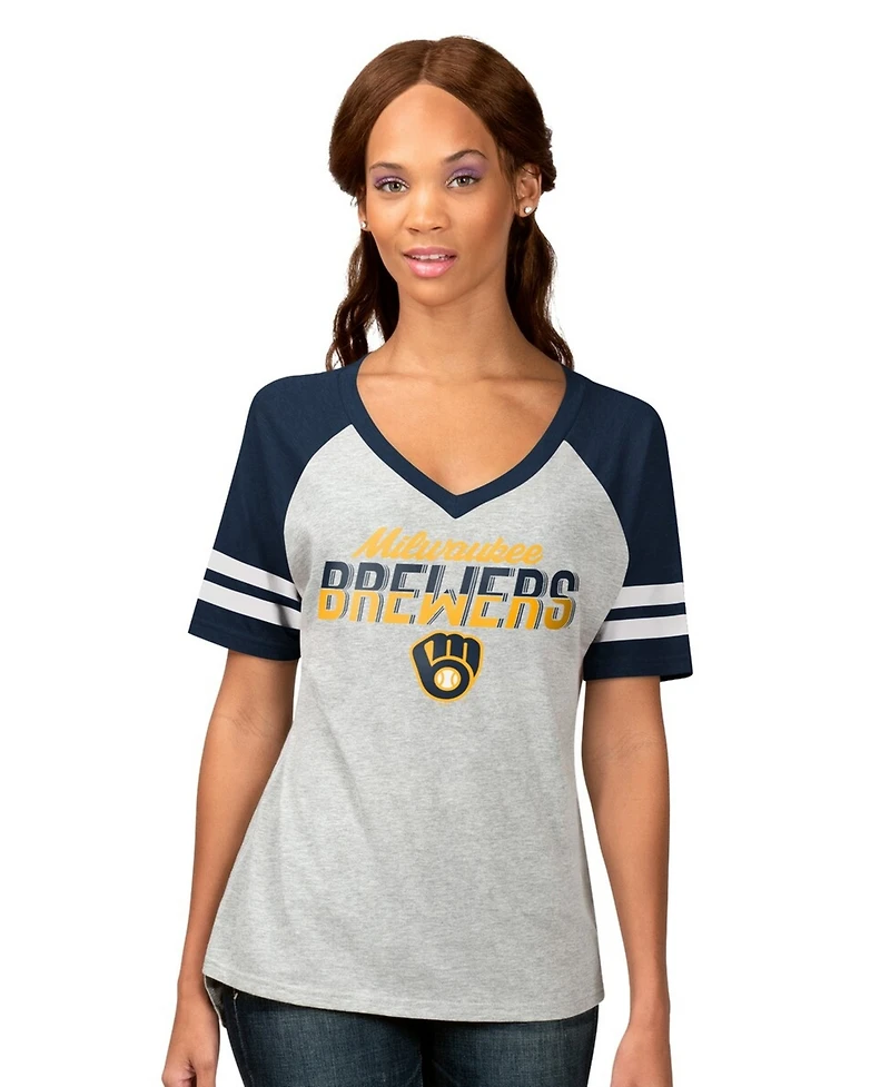 G-iii 4Her By Carl Banks Women's Heather Gray Milwaukee Brewers Goal Line Raglan V-Neck T-Shirt