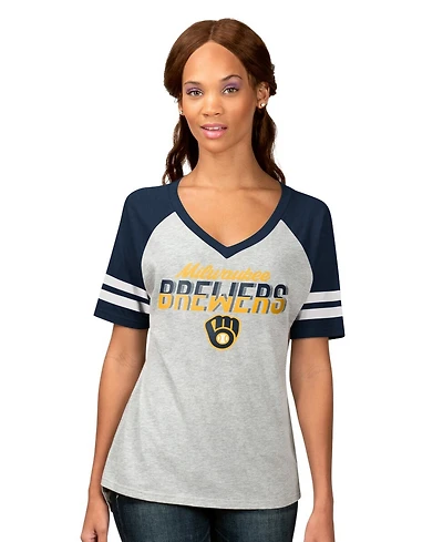 G-iii 4Her By Carl Banks Women's Heather Gray Milwaukee Brewers Goal Line Raglan V-Neck T-Shirt