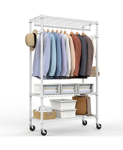 Rainsken Rolling Garment Rack 3 Tiers, , with Rods and Side Hooks, Adjustable Wire Shelving Clothes Rack, Heavy Duty Metal Clothing Racks