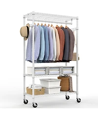 Rainsken Rolling Garment Rack 3 Tiers, , with Rods and Side Hooks, Adjustable Wire Shelving Clothes Rack, Heavy Duty Metal Clothing Racks