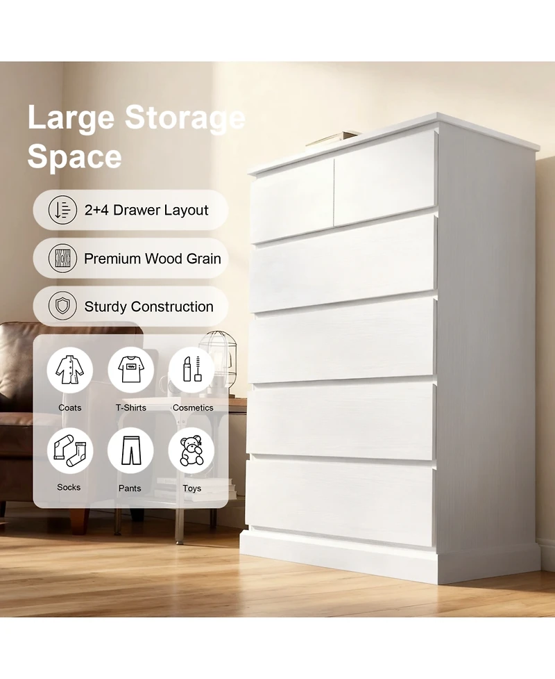 Rainsken 6 Drawers Dresser for Bedroom, with Concealed Handles, Vertical Wood Storage Cabinet, Tall Dresser for Bedroom, Living Room, Entryway