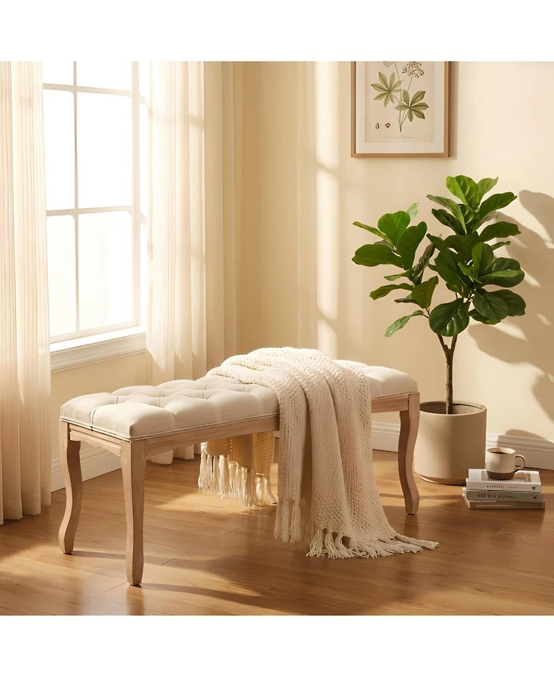 Rainsken Upholstered End of Bed Bench, Linen Ottoman Seat, Carving for Living Room, Foyer