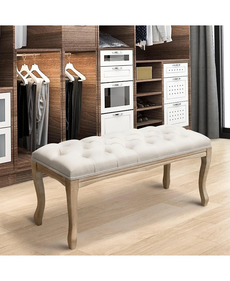 Rainsken Upholstered End of Bed Bench, Linen Ottoman Seat, Carving for Living Room, Foyer