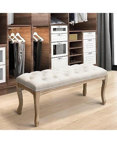 Rainsken Upholstered End of Bed Bench, Linen Ottoman Seat, Carving for Living Room, Foyer