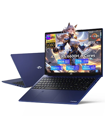 Nimo 17.3" Ips Fhd-Gaming-Laptop, Amd Ryzen 5 6600H 16GB DDR5 Ram 1TB Ssd (Beat i7-1165G7 Up to 4.5GHz) Radeon 660M