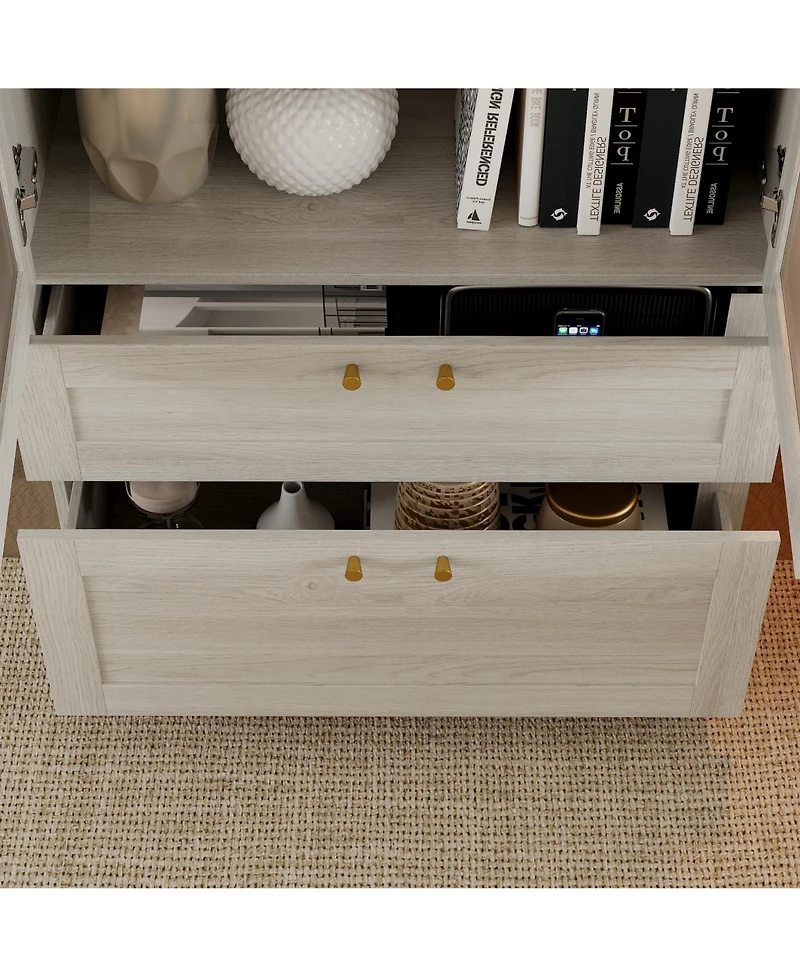 Homsee Modern 2-Door 2-Drawer Storage Cabinet - Frosted Glass Door Wooden Shelf with Gold Handles |Organizer for Living Room and Hallway